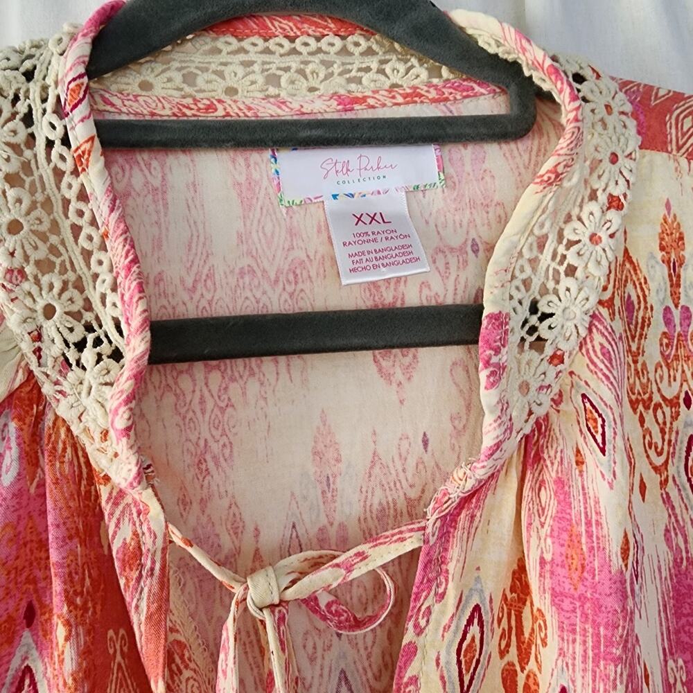 Stella Parker Bohemian Long Sleeve Top Crochet coastal XXL boho Pink Cream New - Picture 3 of 8